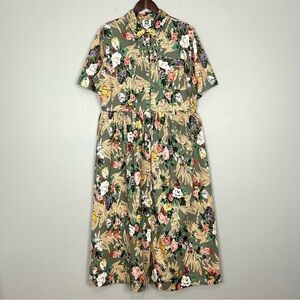 Vintage Woven Floral Shirt Dress Women’s Size 16 Cotton Blend Pockets Maxi Retro
